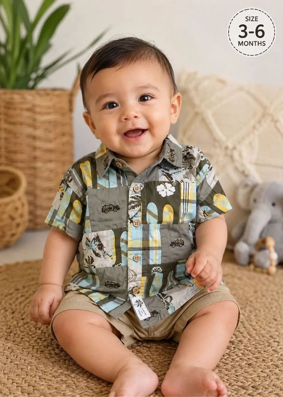 Janie & Jack Baby Boy Patchwork Button Up Shirt 3-6 Months 100% Cotton Surf Hawa
